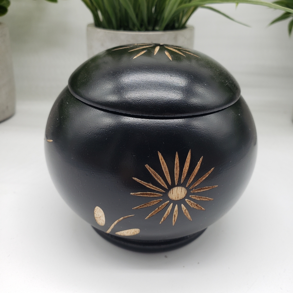 Japanese Natsume Wood Laquerware Etched Floral Firefly Lidded Sugar Tea Jar